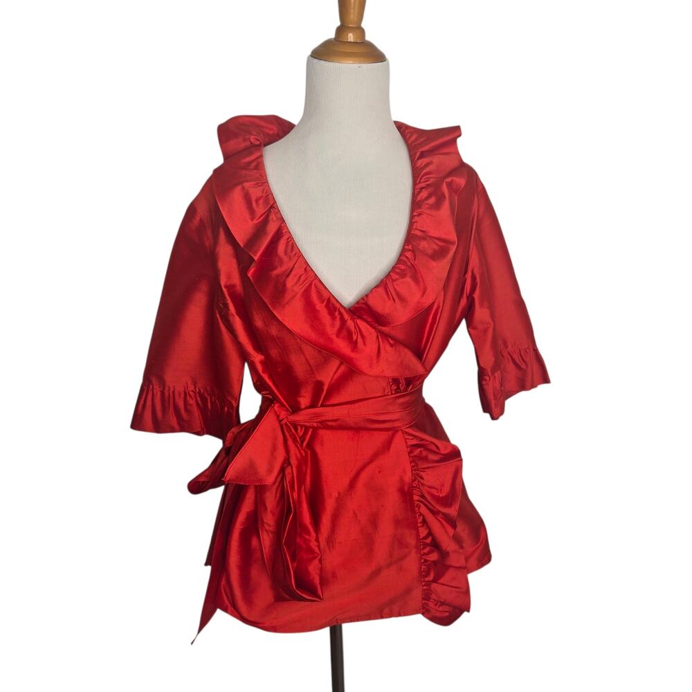 Sara Campbell Silk Blouse Red Evening Event Ruffle Collar Holiday Women Large